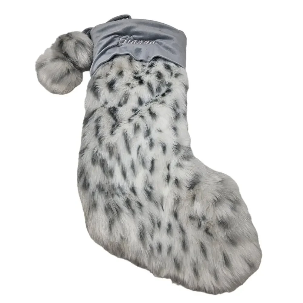 Pottery Barn Teen Gianna Gray Snow Leopard Faux Fur Christmas Stocking Glam